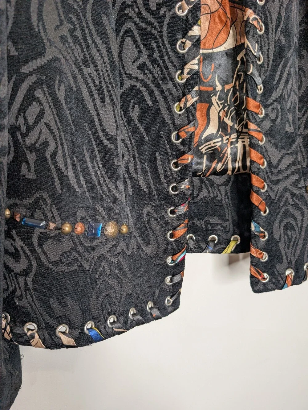 Alberto Makali Black Jacquard Embellished Lace-Up Jacket Blazer Art-to-Wear